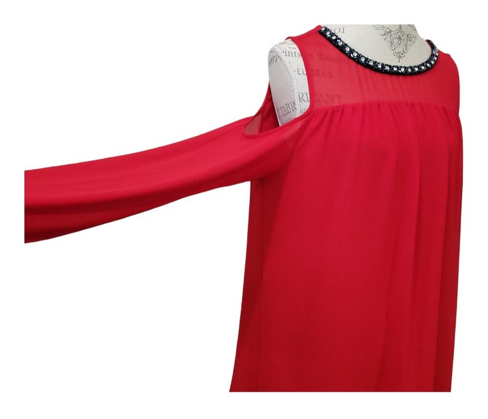 Michael Kors Red Long Sleeve Cold Shoulder Beaded Crew Neck Blouse Shirt Top